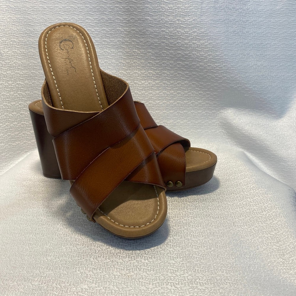C Comfort est 1946 Chunky Leather Clog Sandals cognac brown Women sz 9